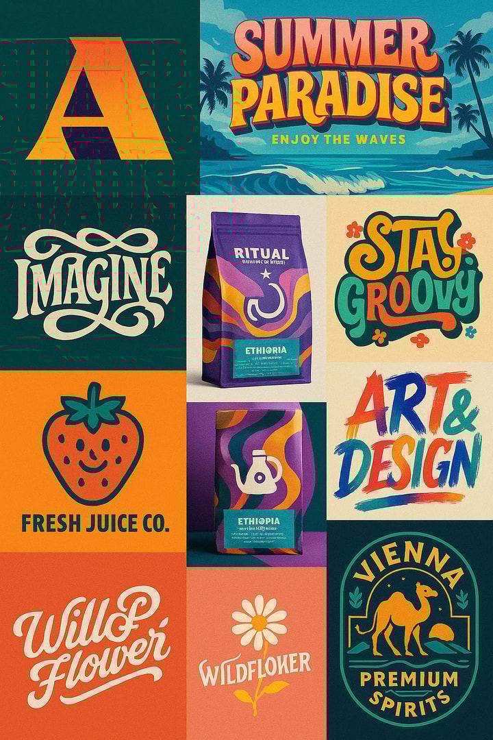 Creative design collage featuring logos, posters, and typography