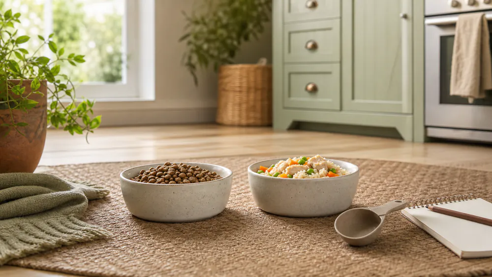 Two bowls showing kibble and fresh food during a gradual dog food transition