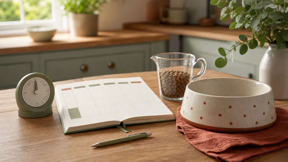 A dog feeding bowl, kitchen timer and weekly planning notebook on a table