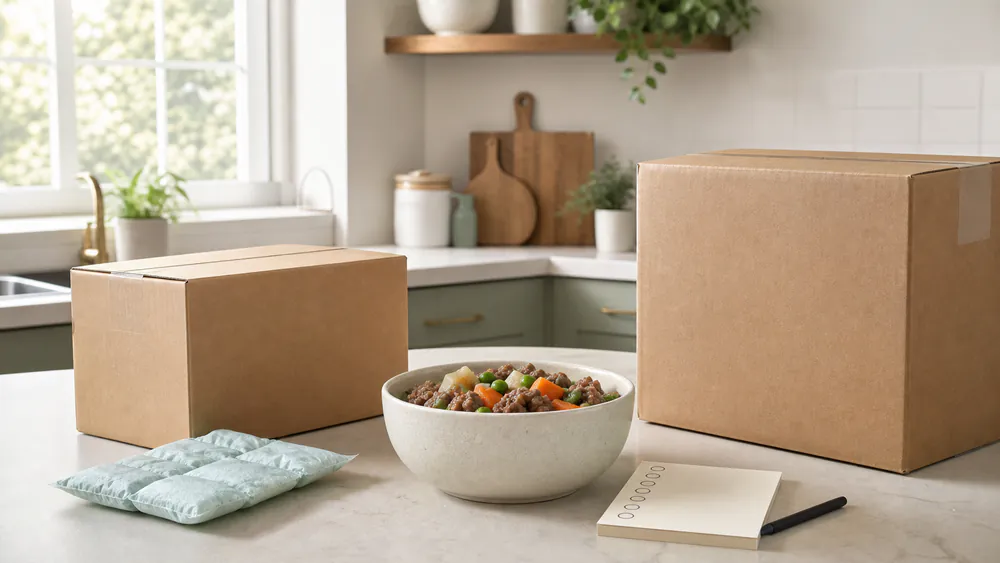 Plain delivery boxes and a fresh dog food bowl arranged for a service comparison