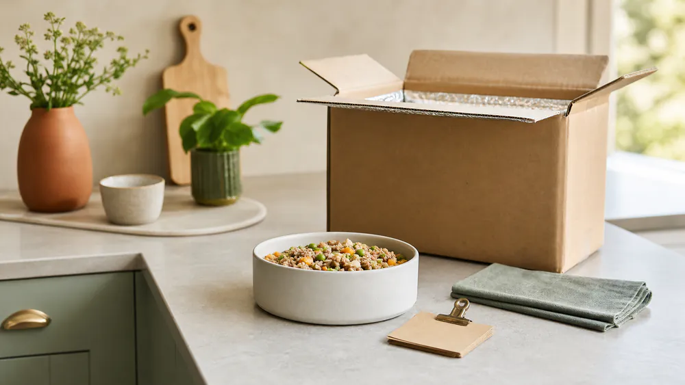A prepared dog food meal beside an unbranded insulated delivery box