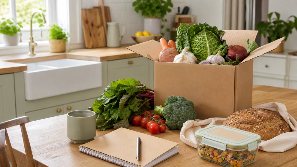 A weekly food plan beside fresh groceries on a kitchen table