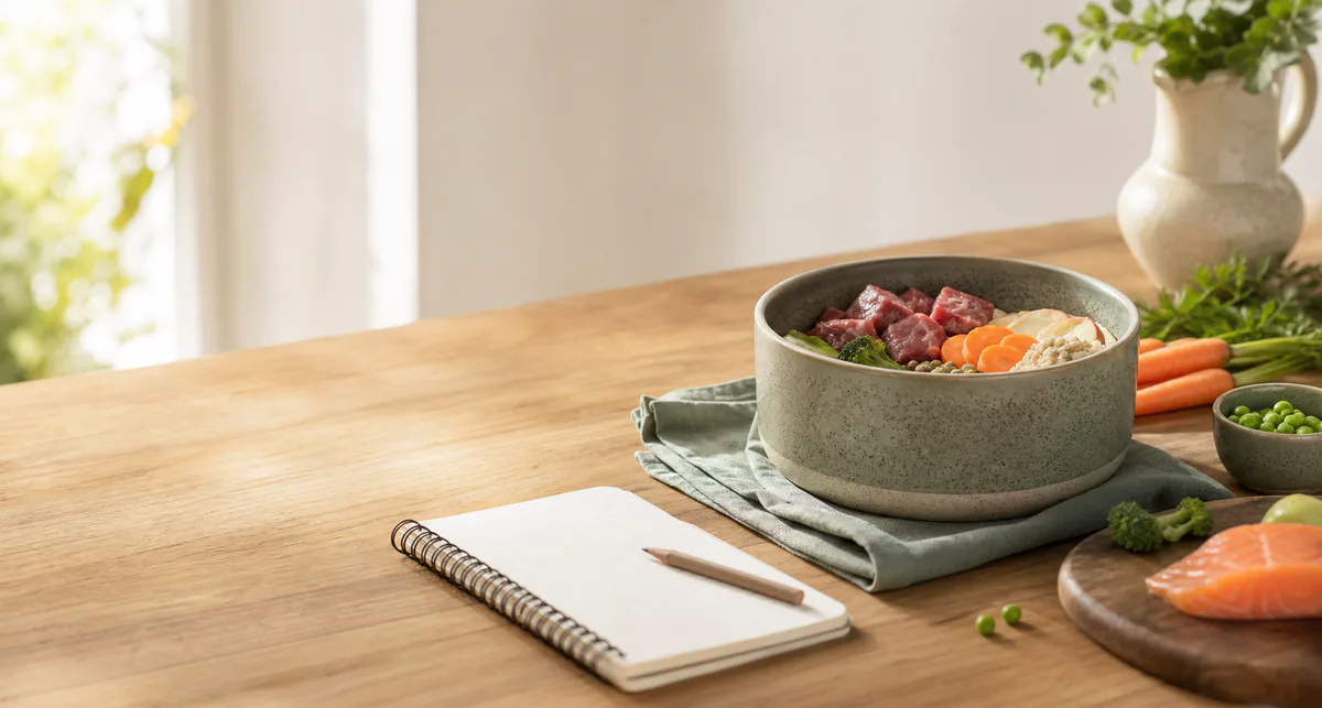 Fresh dog food in a ceramic bowl with ingredients and feeding notes